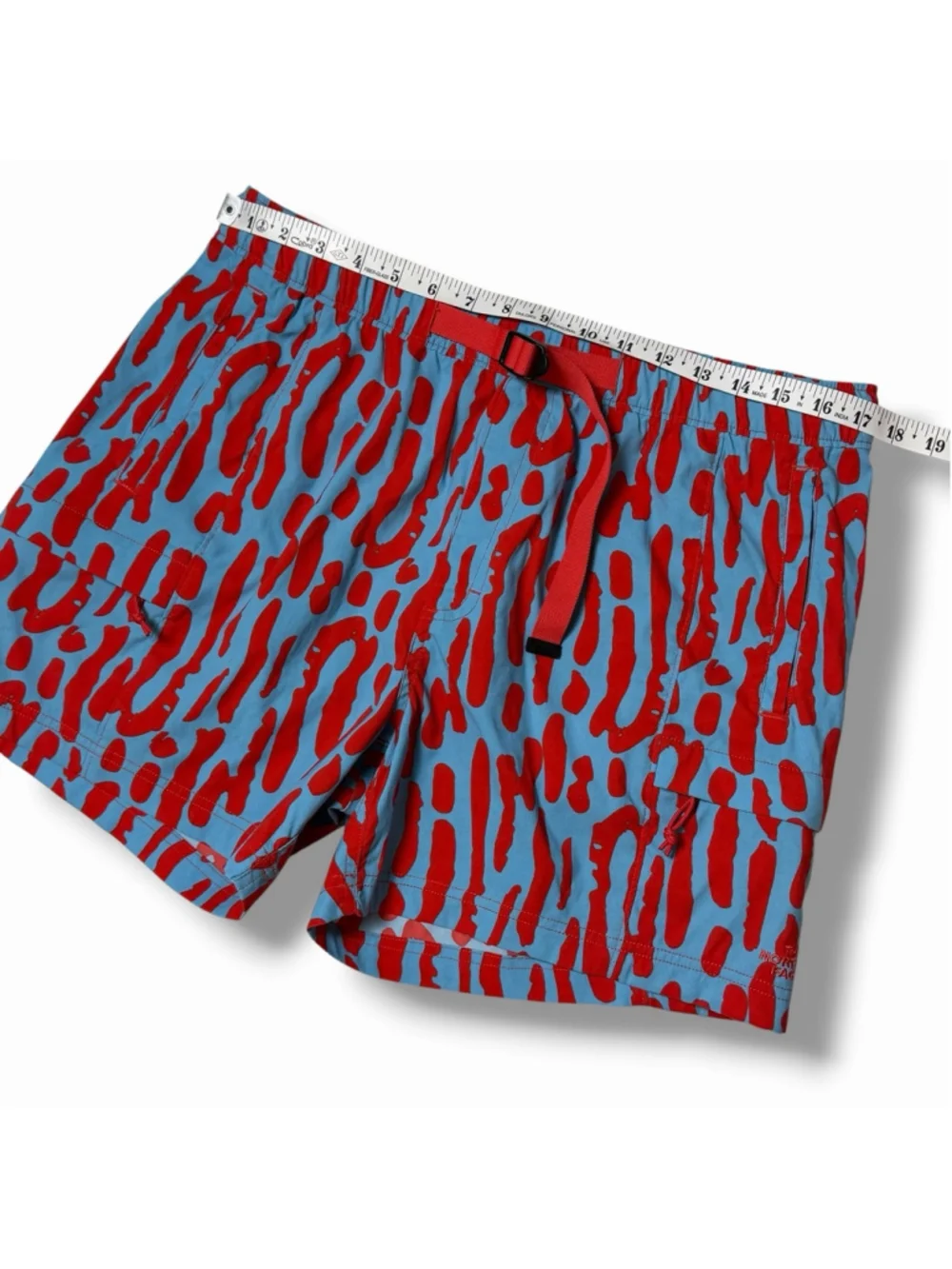 The North Face Mens L Printed Class V Pull On Shorts Norse Blue Amniote Red Belt